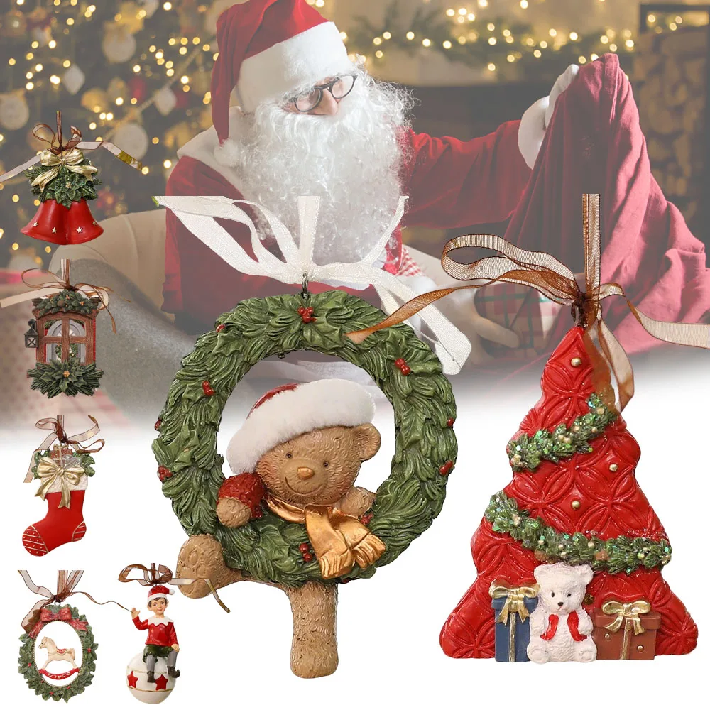 

3D Resin Xmas Ornaments Vintage Bell Socks Wreath Pendant Colorful Painted Decor for Christmas Tree Decoration Party Home Gift