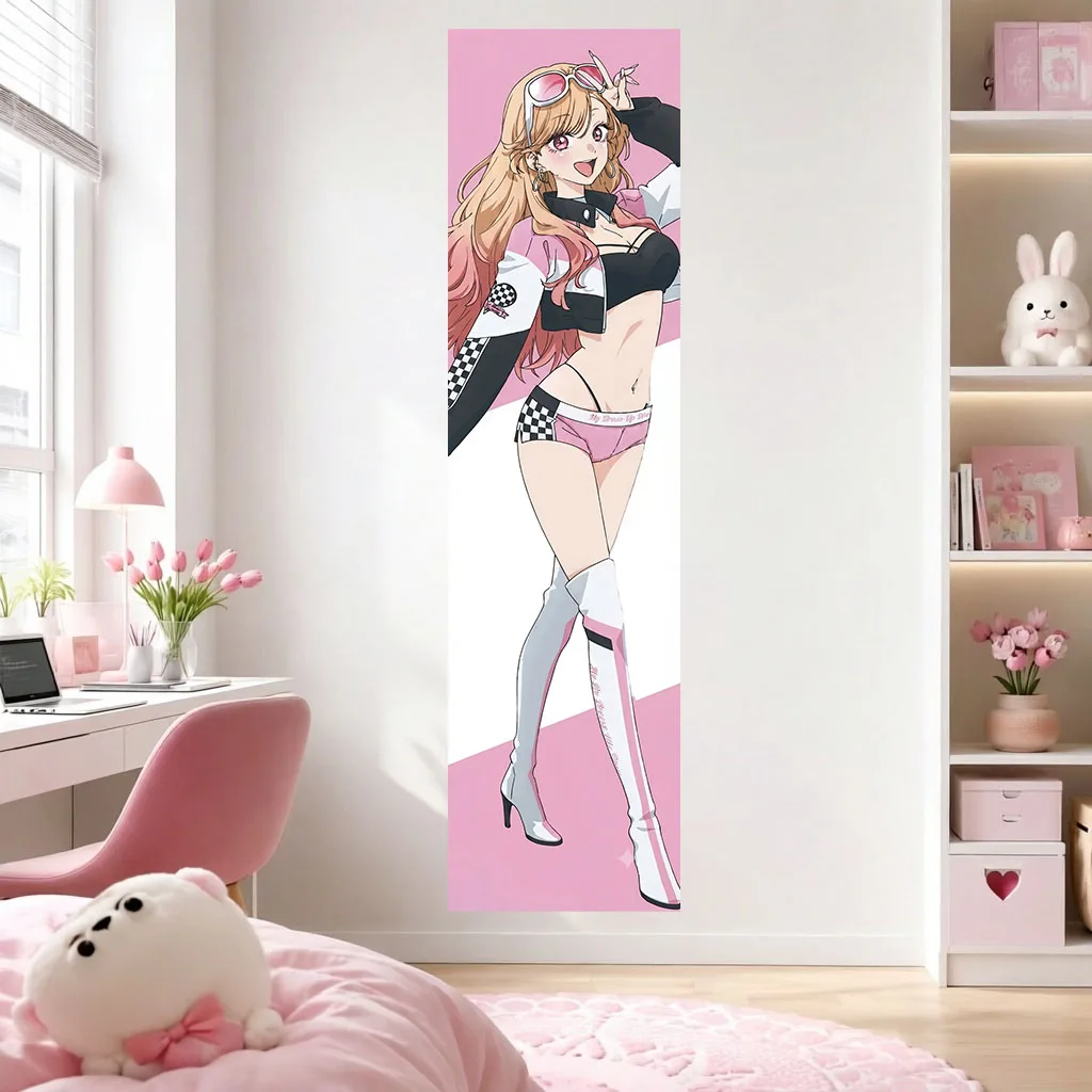 1pc M-Marin K-Kitagawa Vertical Tapestry Pink Racing Checkerboard Wall Hanging Kawaii Anime Long Hanging Decor for Bedroom