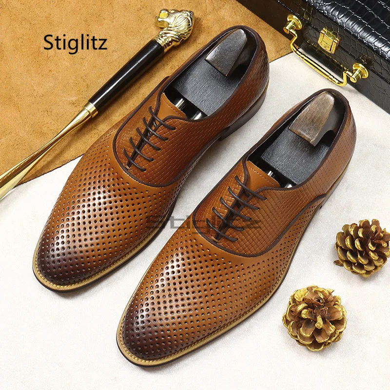 

Men's Hollow Breathable Leather Shoes Lace Up Comfortable Real Cowhide Business Casual Wedding Oxford Shoes Summer Male Shoes