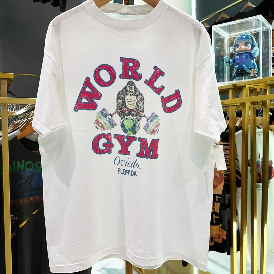 1989 World Gym Oviedo, Florida Rare Washed White Tshirt Y2K Style Underground Print Loose Fit Retro Summer