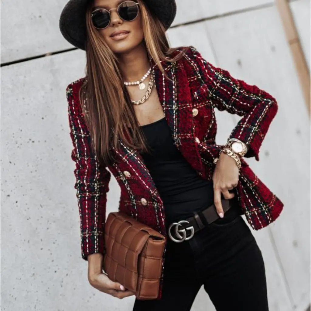 

Women's Double-breasted Printed Suit Jacket Long-Sleeved Independent Station Autumn Winter New