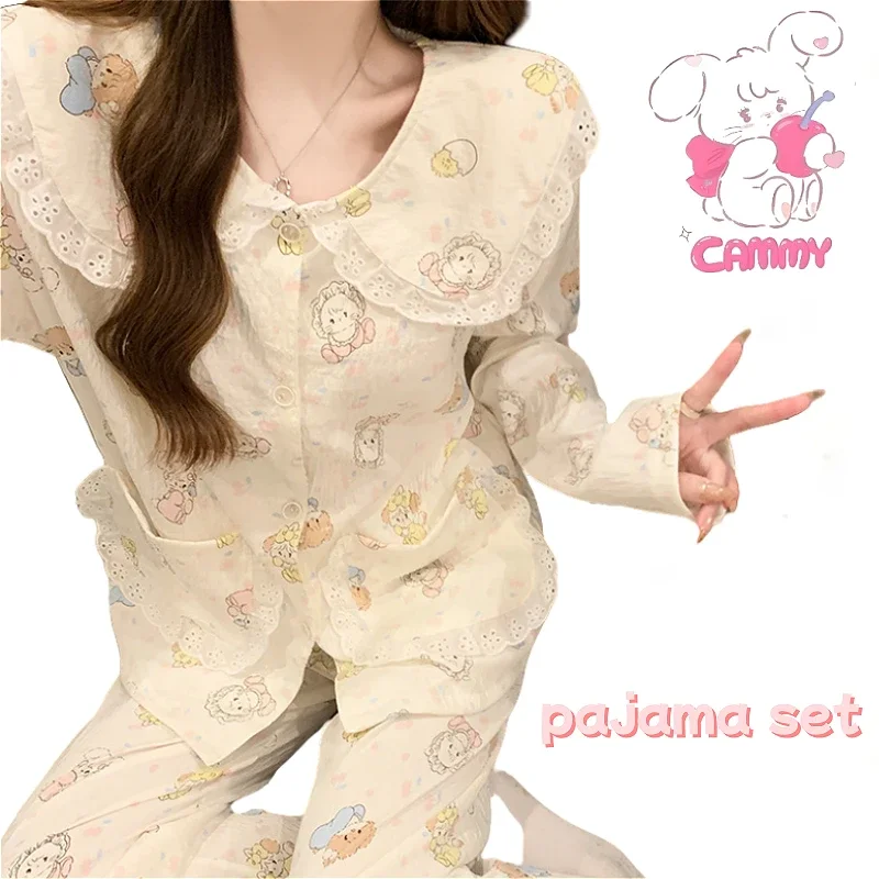 Mikko Cartoon Lace Pajama Set Cute and Comfortable Loungewear Dormitory Bedrooms Holiday Gifts Indoor and Outdoor Pajamas Warm