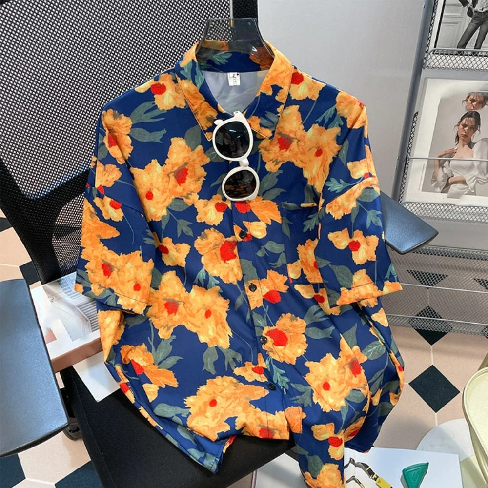 

All Match V-neck Floral Short Sleeve Shirts Button Up Loose Flower Blouse Women Y2K Streetwear Sweet Girls Shirts Beachwear
