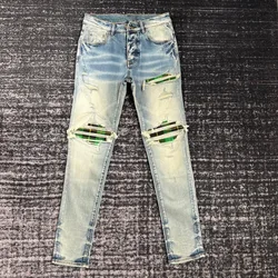 discounted men green plaid patch distressed jeans
