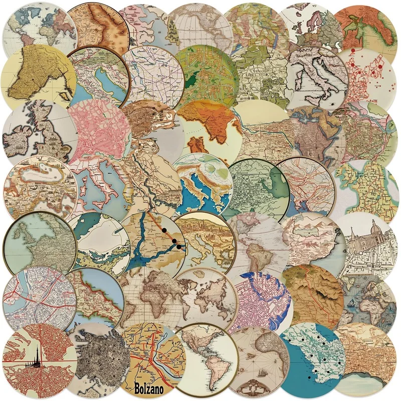 10/30/50PCS Retro Circular Map PVC Sticker Aesthetic DIY Decoration Phone Laptop Luggage Skateboard Graffiti Decals
