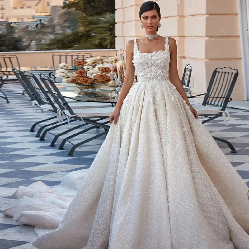 Anmutiges Hochzeitskleid aus Organza mit Stickerei, quadratischem Kragen, Ballkleid, ärmellos, rückenfrei, individuelle Braut, Vestido De Novia