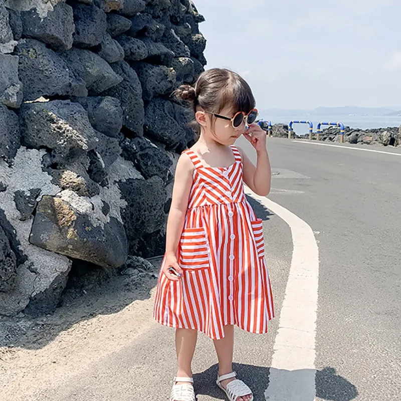 Girls Stripe Print Sleeveless Dress Summer Casual Princess Dresses With Pocket Off-shoulder Baby Clothing Children's Vestidos