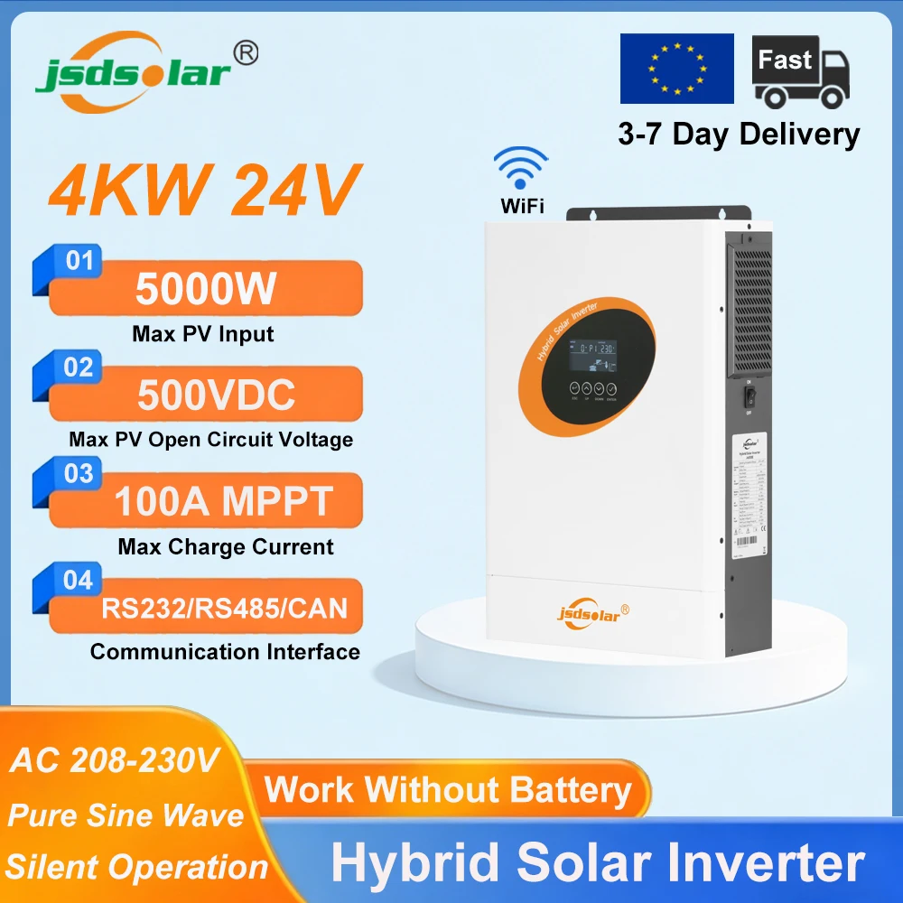 Jsdsolar Onduleur Solaire Hybride 4KW 24V 230VAC Onde Sinusoïdale Pure, Chargeur Solaire MPPT 100A, Onduleur Solaire Hors Réseau 500VDC PV avec WiFi RS485