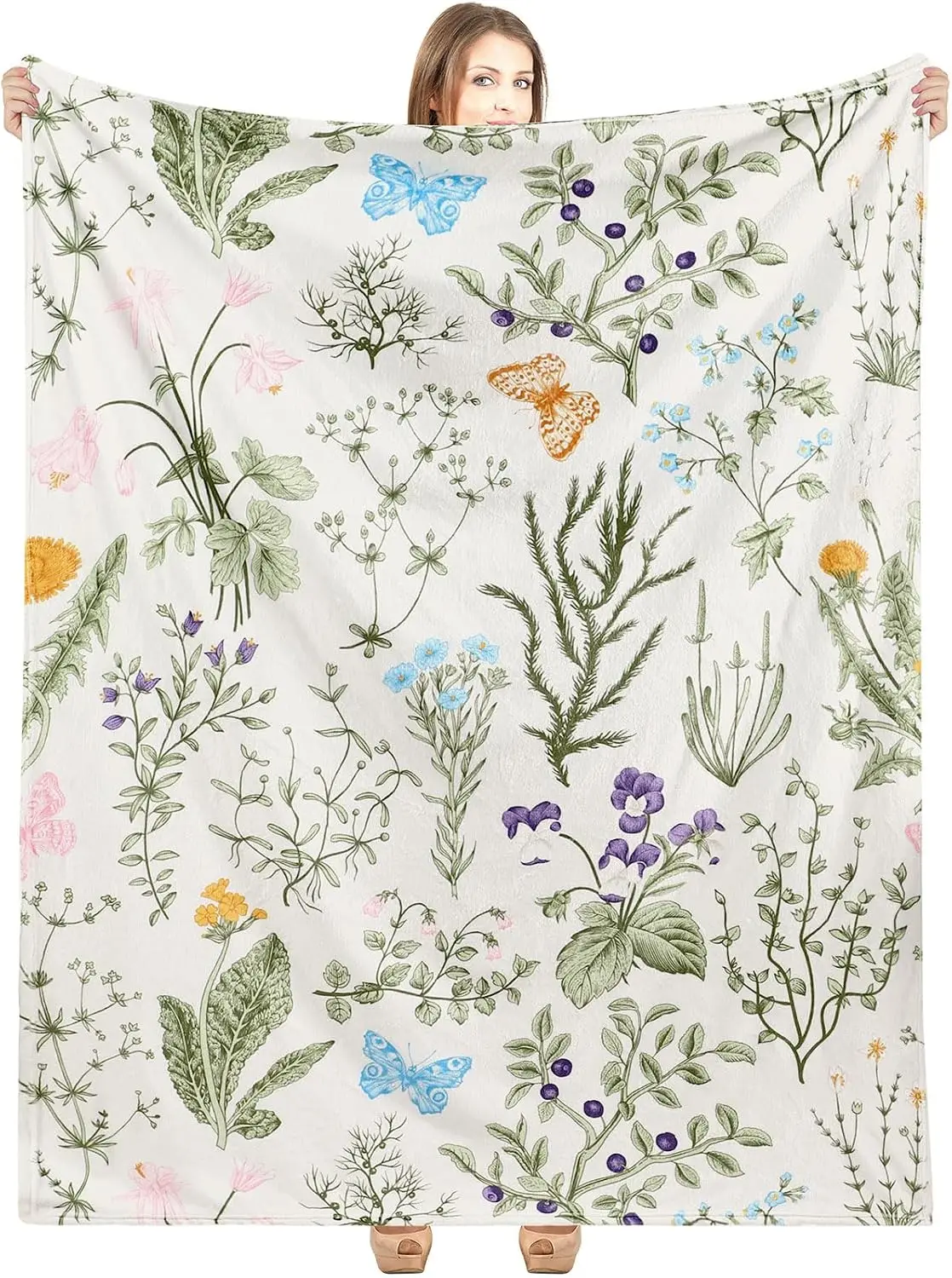 Botanical Wildflower Pattern Flannel Blanket White Base Hand Drawn Plants Butterfly Print Cozy Throw Blanket for Couch Bed Decor