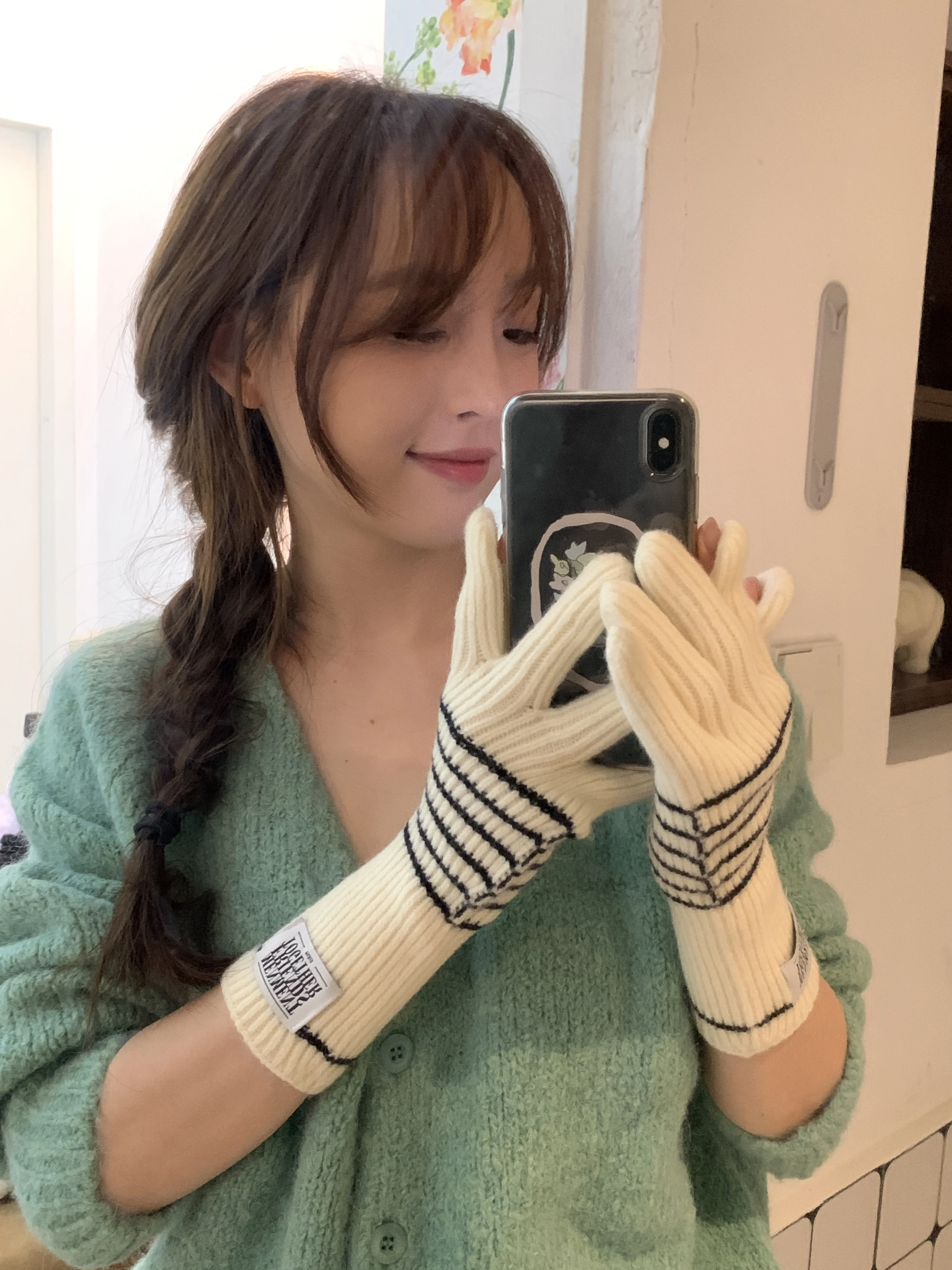 Gestreifte, verlängerte und verdickte einfarbige Handschuhe, niedliche, einfache, lange, warme Handschuhe, warme Fahrradhandschuhe mit Touchscreen