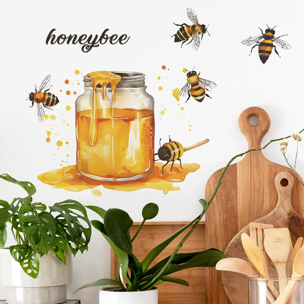 1PCS Bee Honey Glass Jar Kitchen Dining Room Home Decoration Wall Sticker Self-adhesive PVC Material