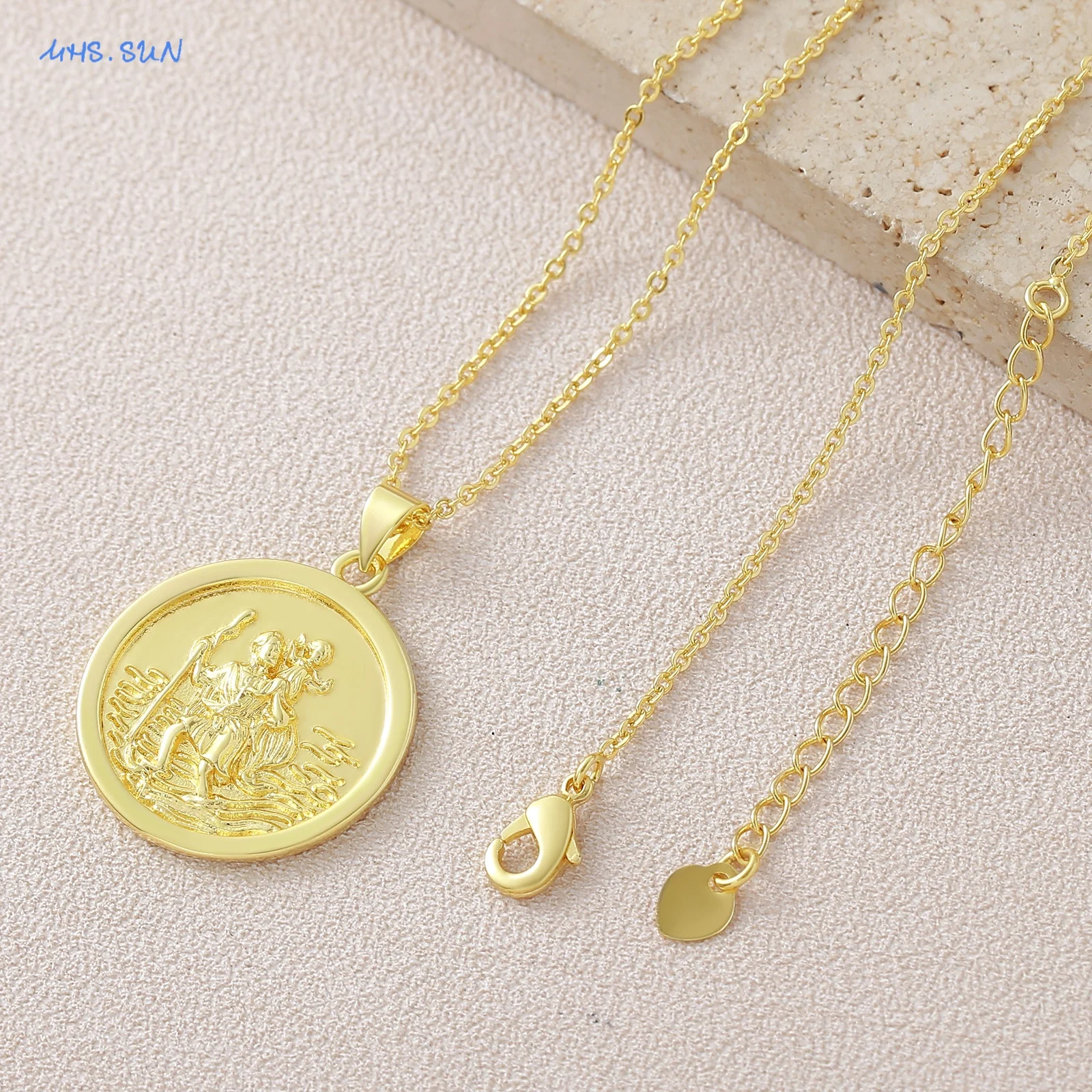 SUNSLL New Retro Style Gold Plated Round St Christopher Pendant Necklace Unisex Fashion Versatile Personalized Party Jewelry