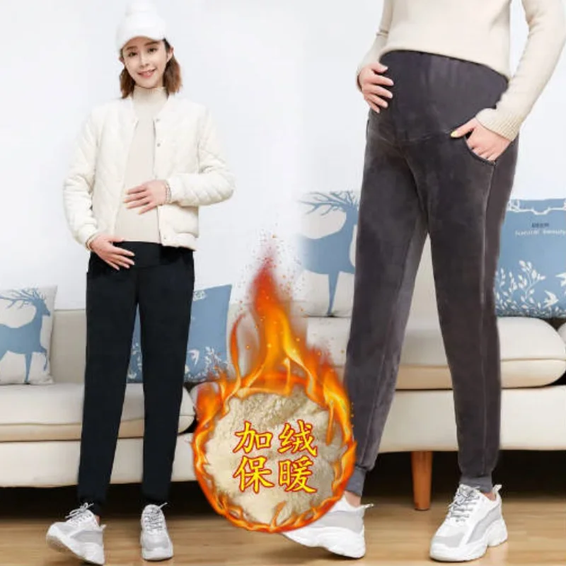 

Thick Fleece Pregnant Women's Pants Winter Adjustable Waist Pant Belly Support Maternity Women Trouser Used Under 10 Celsius