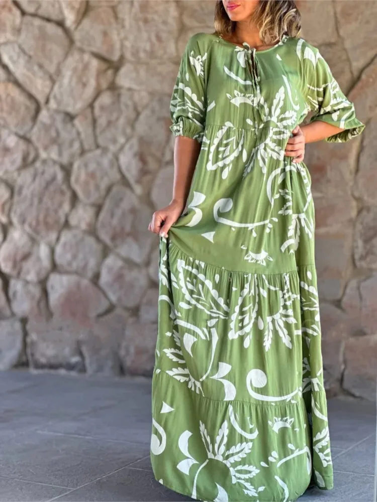 

Spring Summer Women's New Fashionable Printed Sexy Lace Up V-neck Loose Casual Five Quarter Sleeve Long Dress