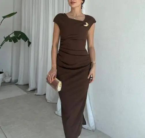 

Womens Dresses 2025 Spring Summer New Solid Color Sleeveless Square Collar Ruched Split Back Casual Hip Wrapping Long Dress