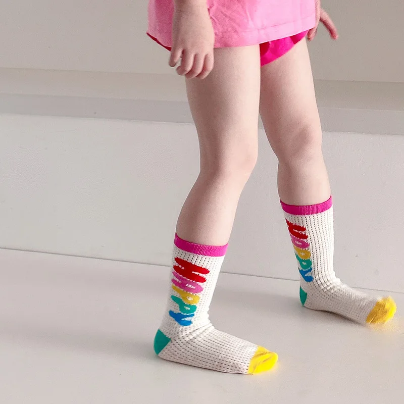 3 Pairs of Spring and Summer Girls New Thin Mesh Breathable Children\'s Ins Series Rainbow Letters Cute Fashion Socks