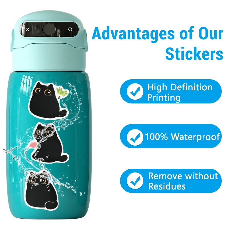 80 قطعة من ملصقات القطة السوداء اللطيفة كاواي باللونين الأبيض والأسود لزجاجات المياه وملصقات شارات الفينيل الجمالية المقاومة للماء