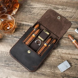 4pcs pocket Humidor Cigar Box Travel Cigar Case orginizer magnetic cowhide Leather Cedar Wood Cutter smoking accessories storage
