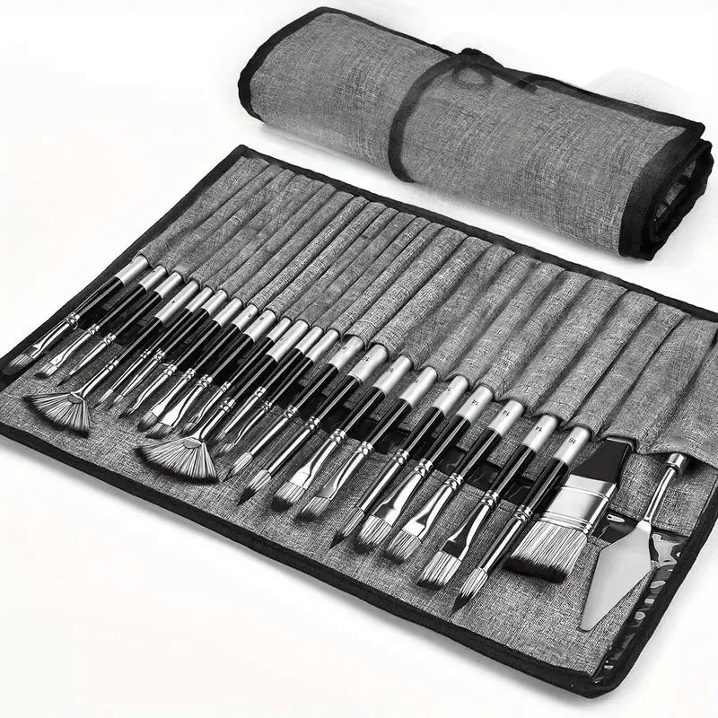 24 Pcs Nylon Brush Set Paint Brush Set with Brush Holder Palette Knife for Acrylic Gouache Canvas Pen Curtain Oil Painting Pen