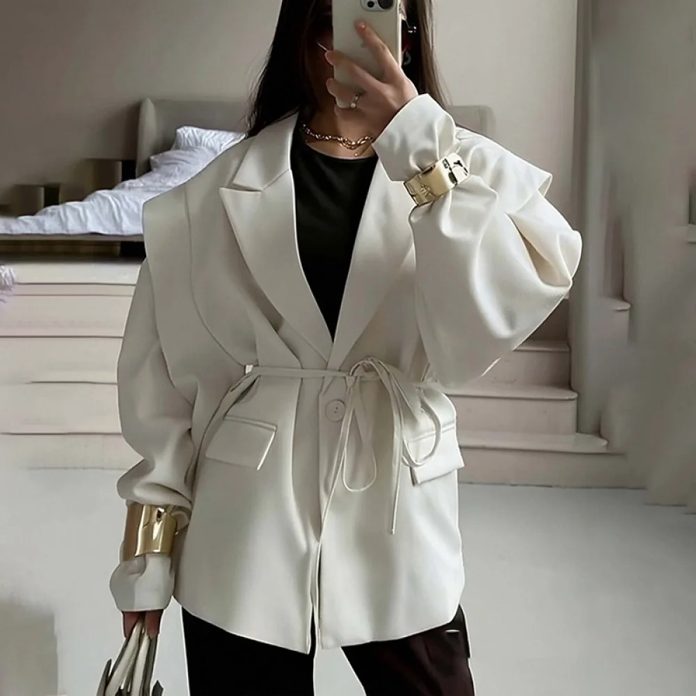 Women Blazer Jacket 2025 Seasonal Fashion Slim Fit Belted Design Shoulder Pad Solid Color Elegant Commuter Work Outerwear