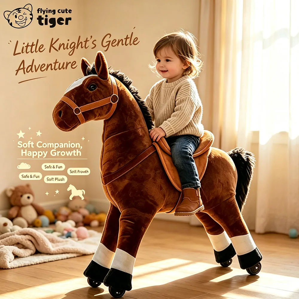 Medium to Large Size Brown Black-Haired Pony Popular Realistic Riding Rocking Horse Toy Rocking Chair Soothing Rocking Horse with Saddle Plush Toy Rocking Horse Doll Toy Car Horse Riding Toy