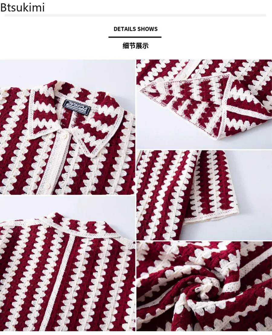 Trendy Men's Knitted Shirts 2025 Summer Casual Hollow Out Breathable Cardigan Tops Vintage Striped Short Sleeve Polo Shirts Male