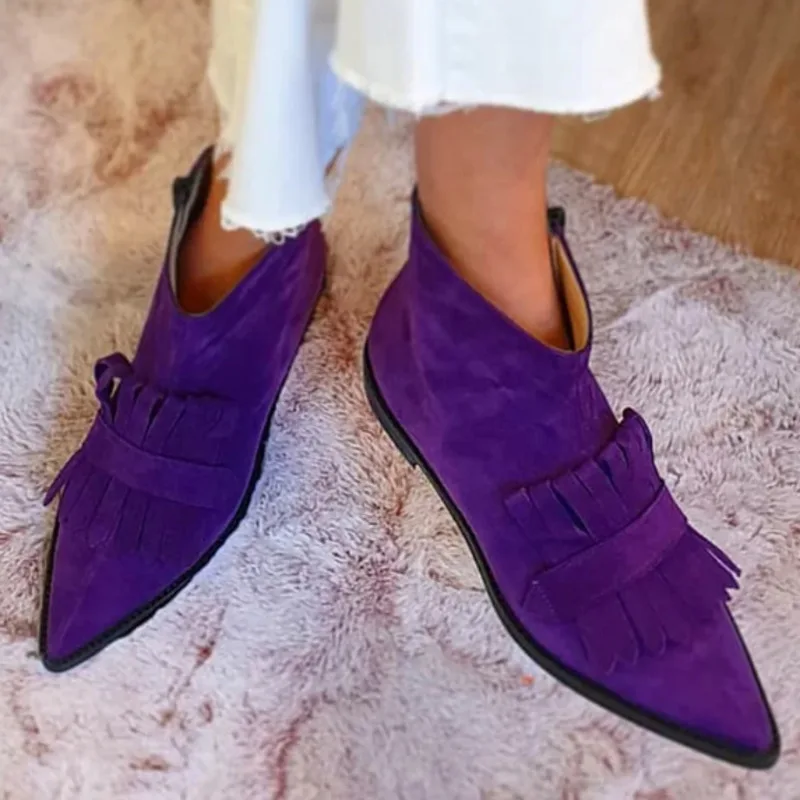 

Faux Suede Tassels Trim Zipper Pointy Toe Purple Flat Boots 2024 New Autumn Winter Women Boots Shoes