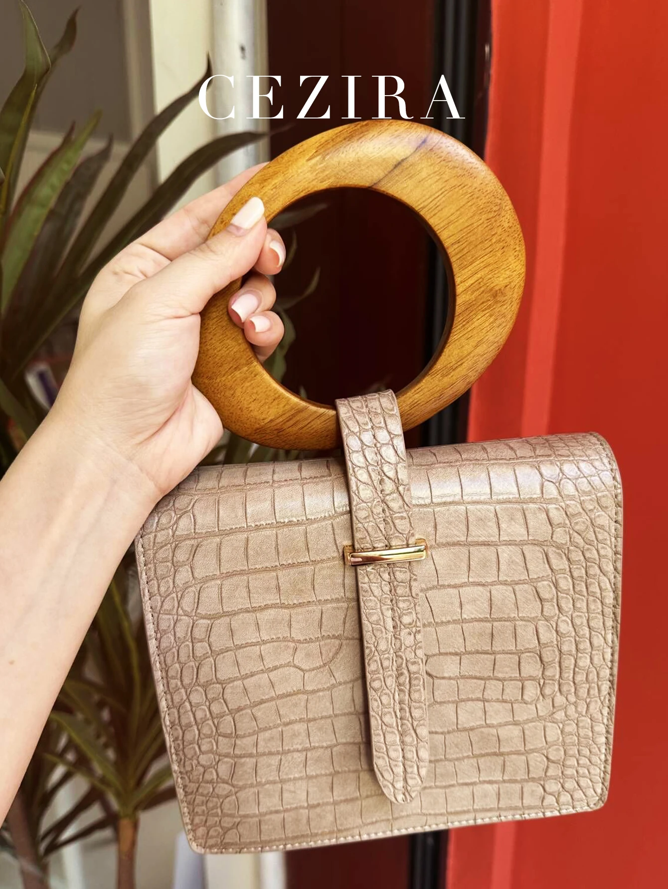 CEZIRA Top-handle Square Purses Women Fashion Wooden Handle Bags Crocodile Pattern PU Leather Flap Handbags Cross Body Shoulder