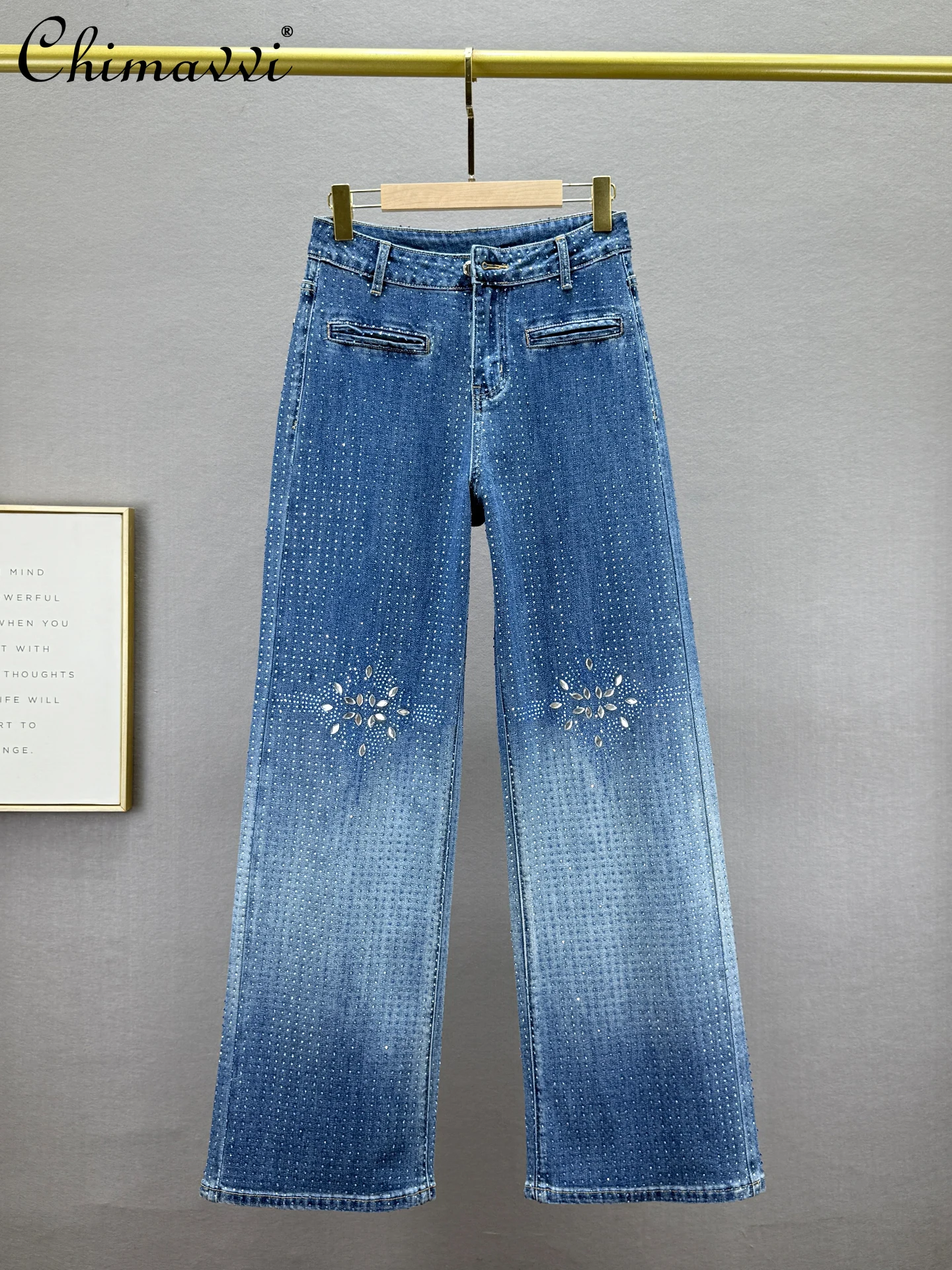 Heavy Starry Sky Rhinestone Jeans Women 2025 Autumn New Fashion High Waist Loose Slimming European Style Extended Wide Leg Pants