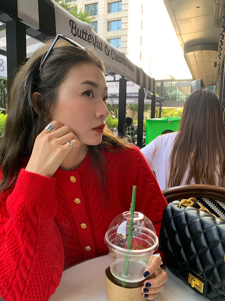 

Красный вязаный свитер-кардиган женский с узором «косы», осенне-зимний, модный, повседневный, теплый, уютный, для невысоких женщин