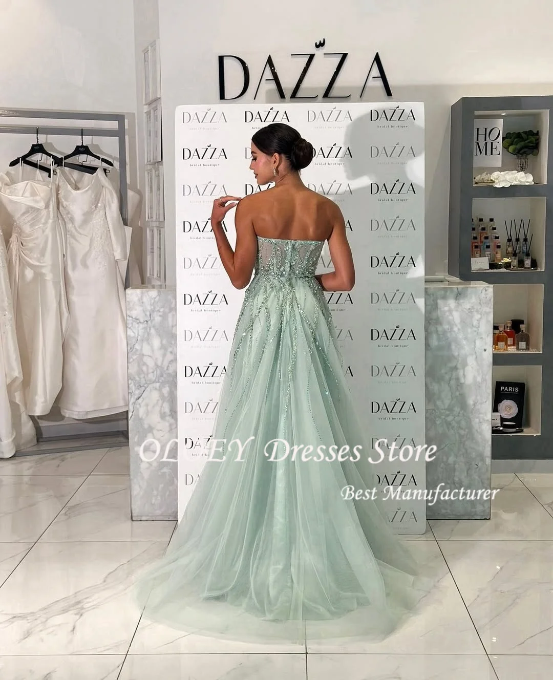 OLOEY Green Beadings Tulle Prom Dress Crystal Elegant Evening Dress Wedding Dress Sequins Formal Occasion Party Gowns Customized