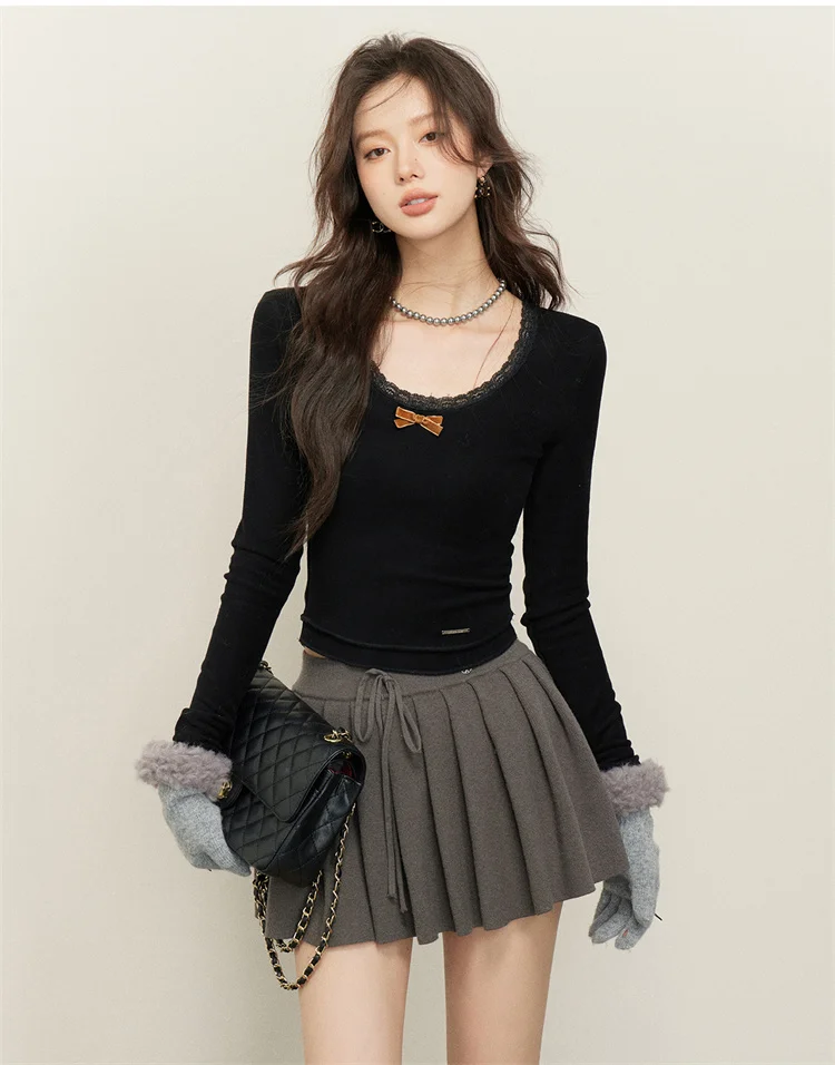 Pullover roundNeck Top Long Sleeve Women's SolidColor Slim Velvet Bow Lace Collar Bottoming Shirt Four Seasons Universal Fashion