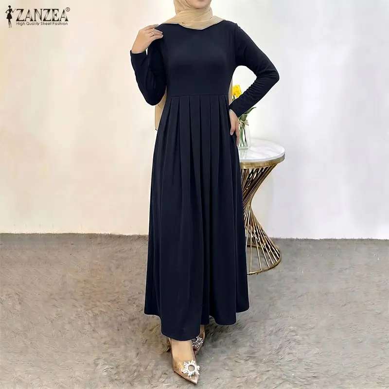 

Fashion Muslim Dress Abaya ZANZEA Women Casual O Neck Long Sleeve Pleated Dresses Solid Color Baggy Sundress Kaftan Ramadan Robe