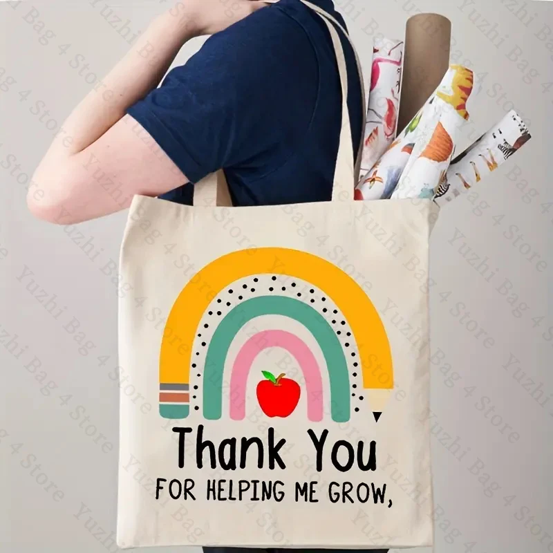 Thank You Helping Me Grow bolso de compras con patrón de arcoíris, bolsos de hombro de lona, bolso de mano de almacenamiento plegable reutilizable, regalo para profesores