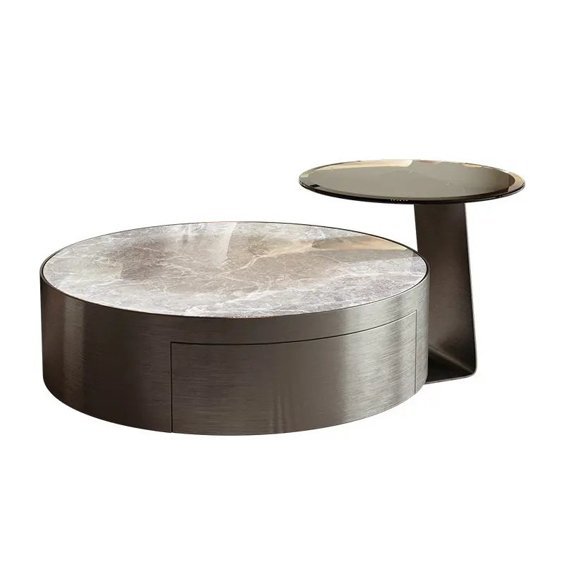 Round single-layer burnt stone coffee table, stainless steel framed living room coffee table with drawers