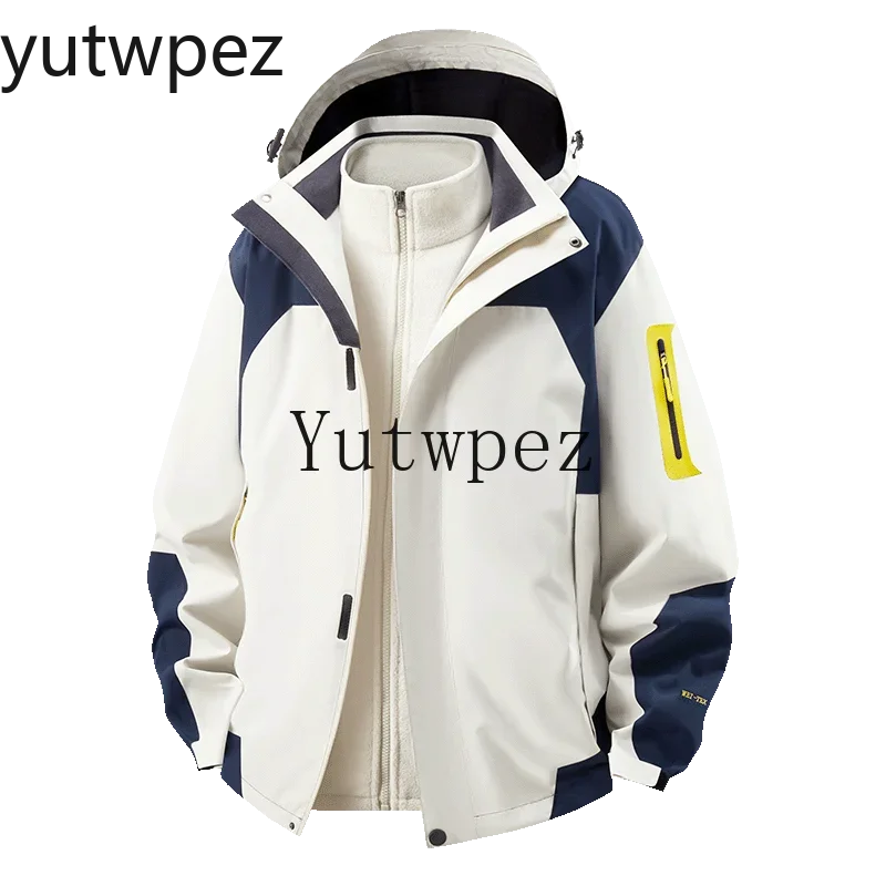 Outdoor Coat Men 3-in-1 Windbreaker Climbing Jacket, Detachable Thick Fleece Inner Liner Sports Running Hooded Cycling Hiking