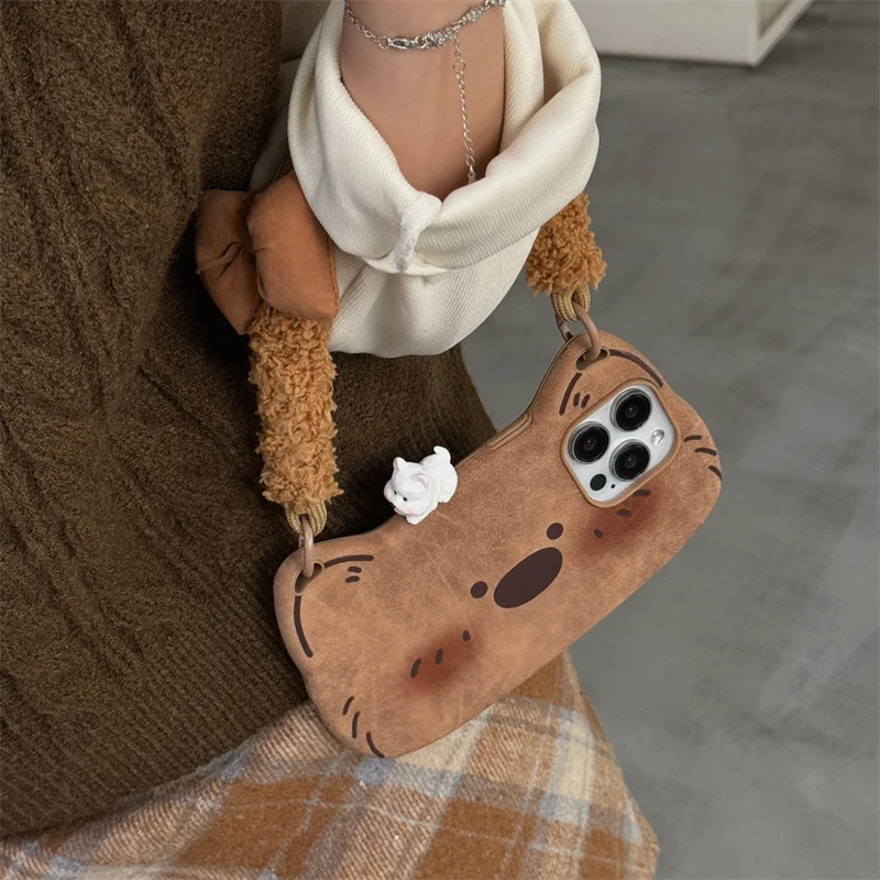 

Kawaii Cartoon Puppy Phone Case For iPhone 17 Pro 16 15 14 Pro Max Cover with Plush Hand Rope Shockproof Protective Cases Cute C