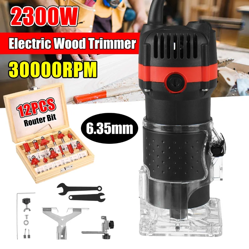 

2300W 30000rpm Wood Electric Hand Trimmer Woodworking Engraving Slotting Trimming Hand Carving Machine+12PCS Router Bit