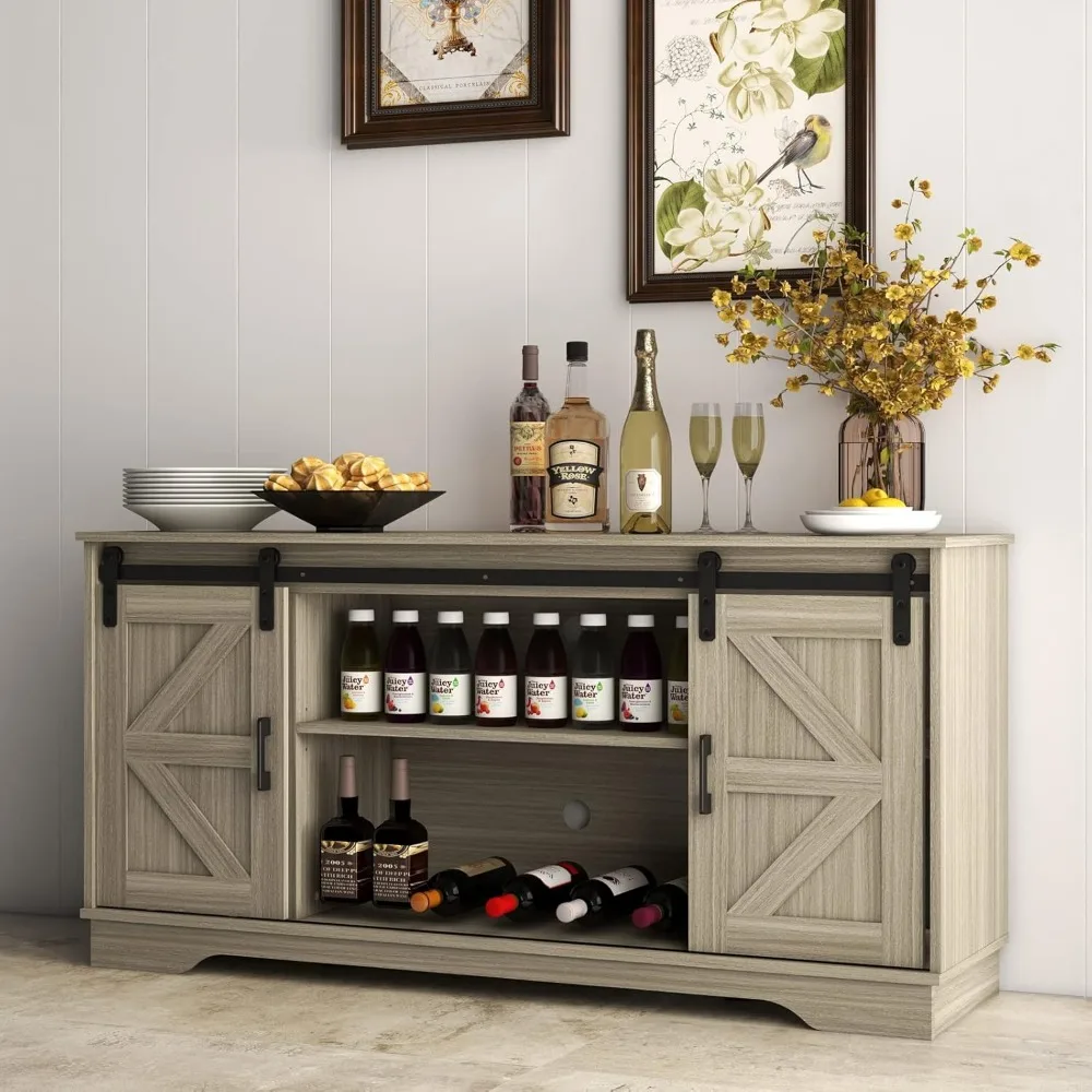 خزانة بار بانانا مع بابين منزلقين للحظيرة، خزانة تخزين للمزرعة، حامل تلفزيون (خشب طبيعي)