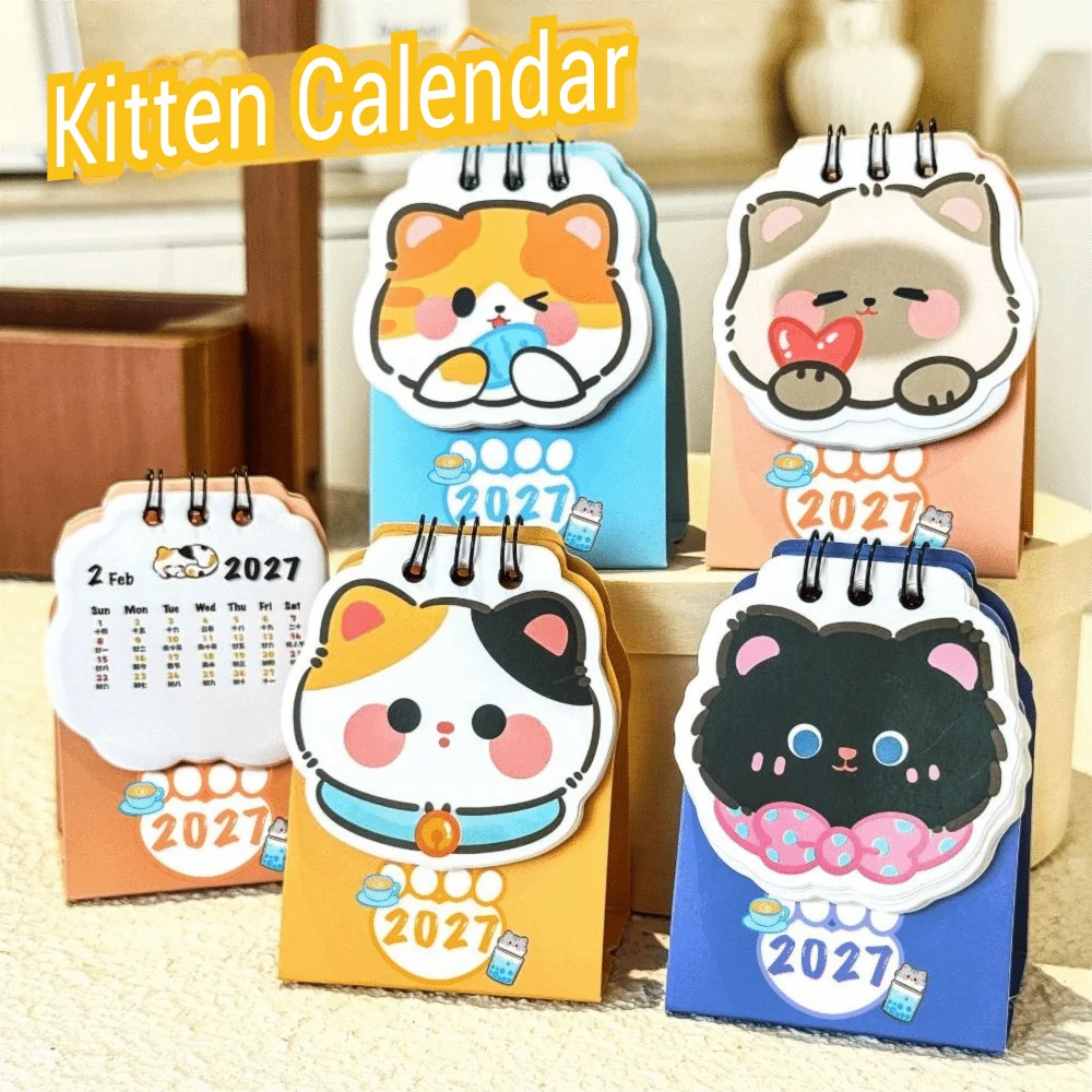 Portable Cartoon Cat 2027 Desk Calendar Coil Schedule Mark Daily Planner Mini Schedule Planner Office Desk Accessories