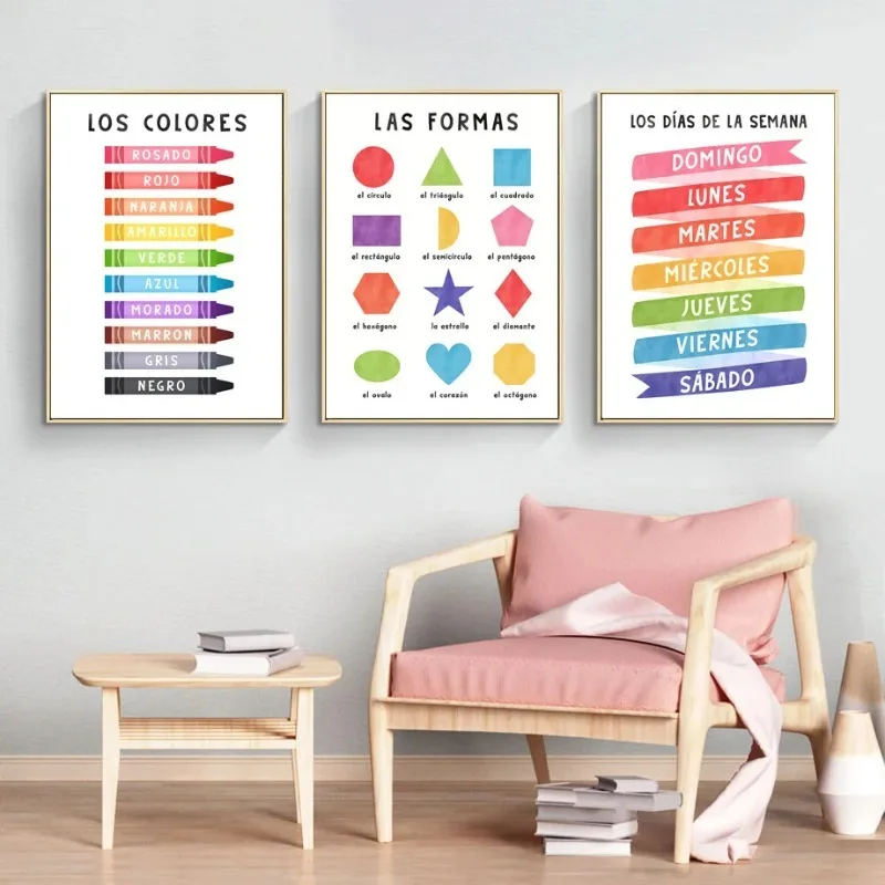 Educational Spanish Alphabet Number Weather Nursery Wall Art Posters Minimalist Print Canvas Painting for Modern Home Decor