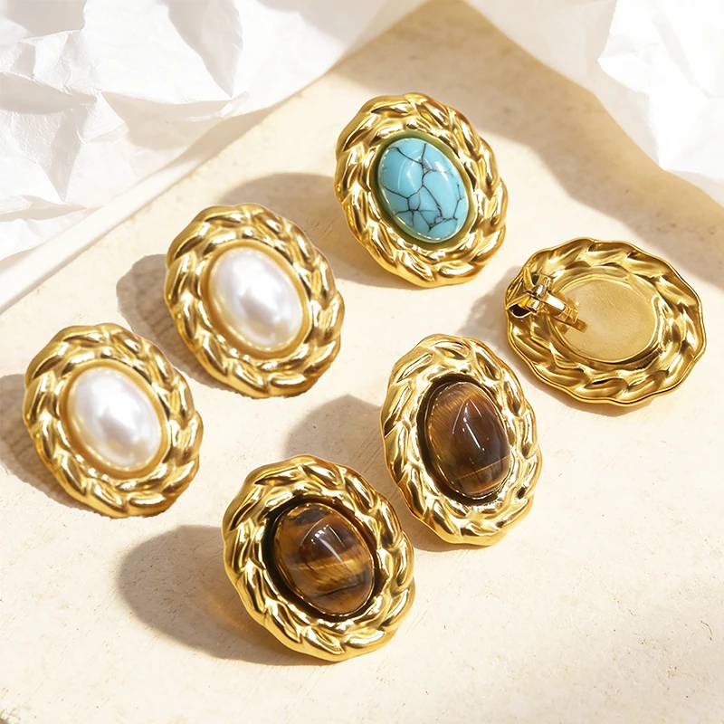 Vintage Geometrische Edelstahl-Ohrclips für Damen 18K Vergoldet Einfache Naturstein Wasserdichte Nicht-Durchstochene Ohrringe Schmuck – Detail 2