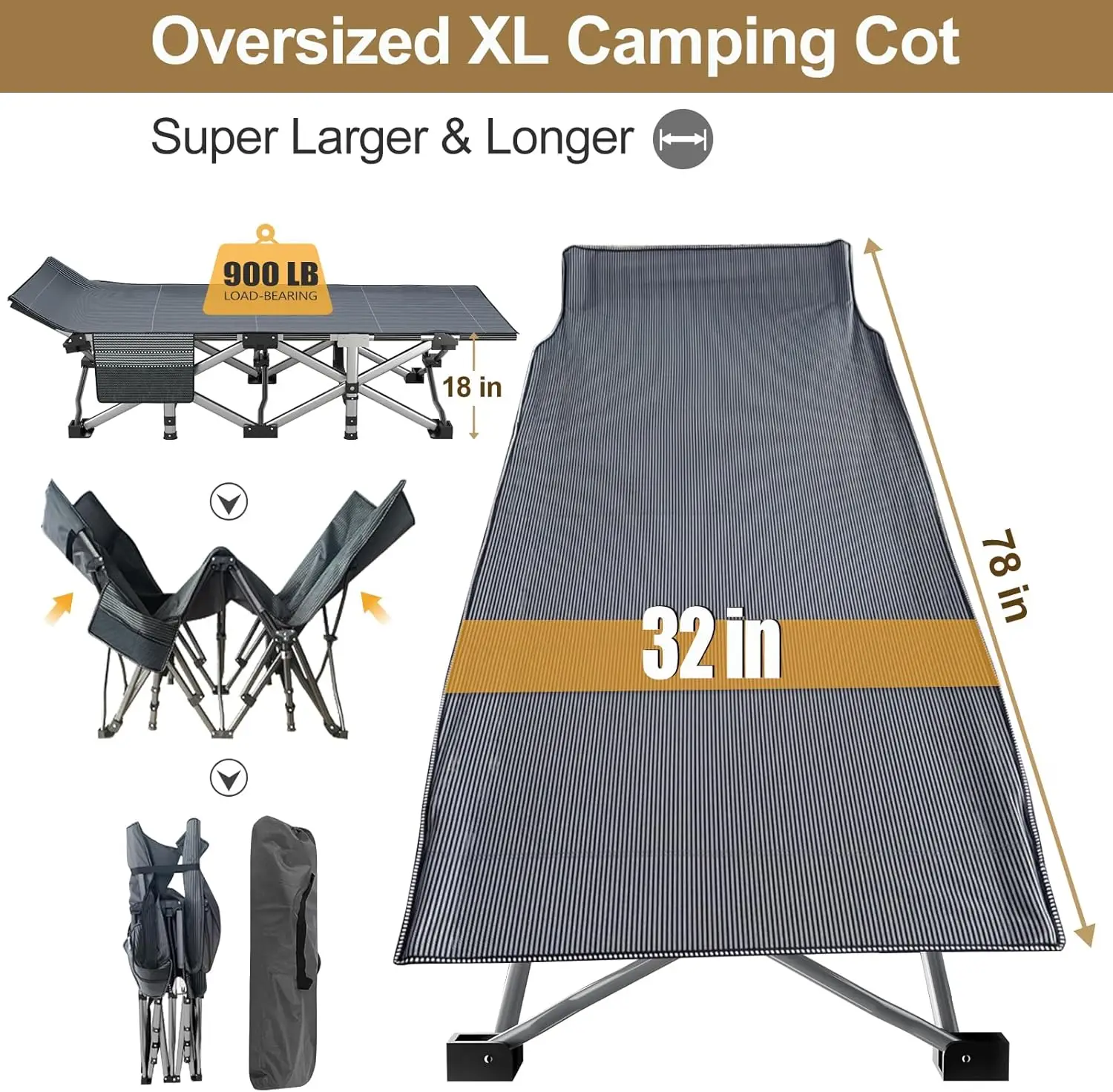 Oversized XXL Folding Camping Cot with Mattress, Heavy Duty Sleeping Cot Bed Portable Adults Outdoor Bed with Carry Bag, Travel