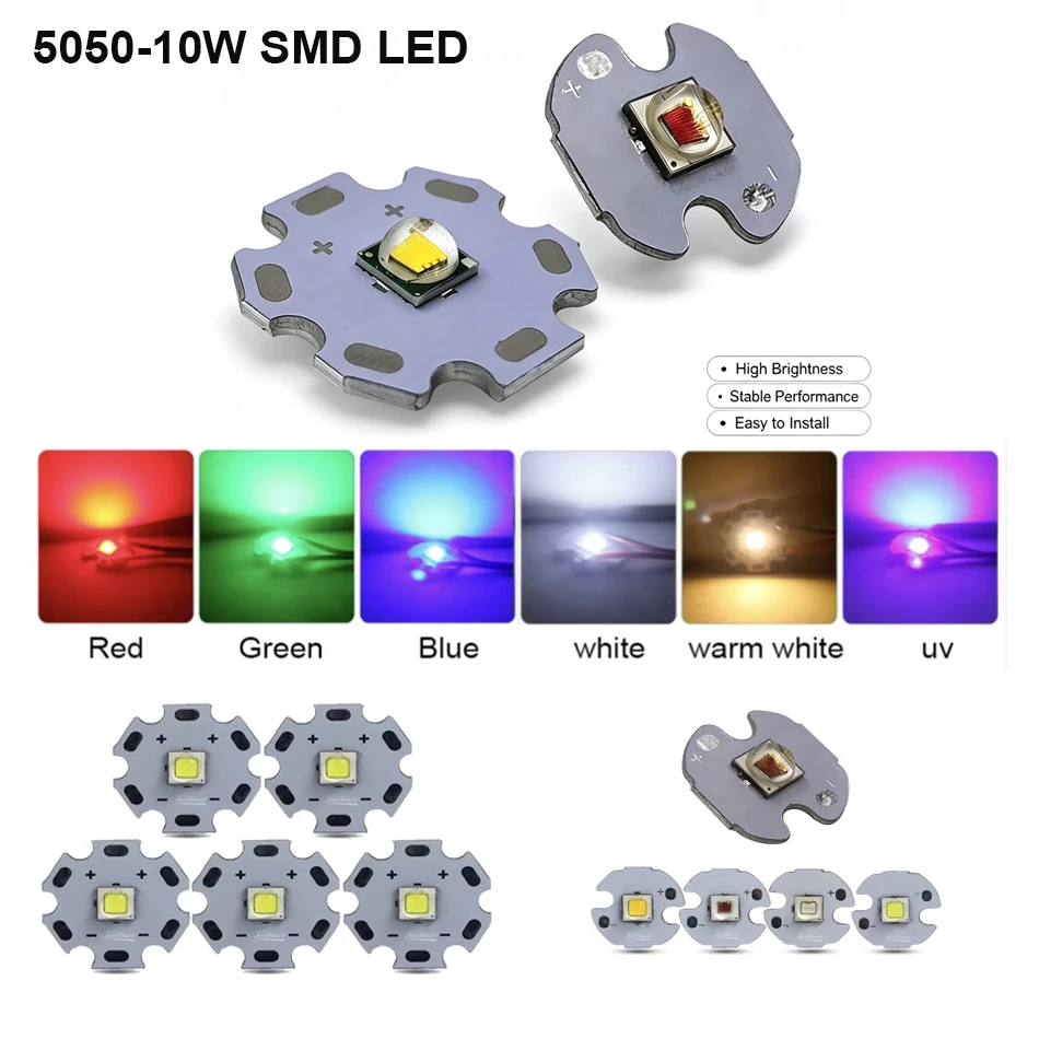5pcs 5050 LED 10W Cold Warm White 6500K Red Green Blue UV Purple LED diode 16mm 20mm PCB 3V 3.6V Diodes For Flashlight Bicycle