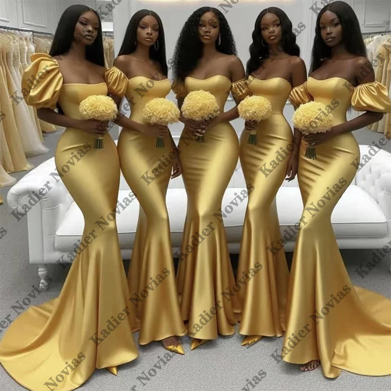

Off Shoulder Customized Long Gold Yellow Mermaid Bridesmaid Dresses Lace Up Wedding Party Dress robes invitee mariage
