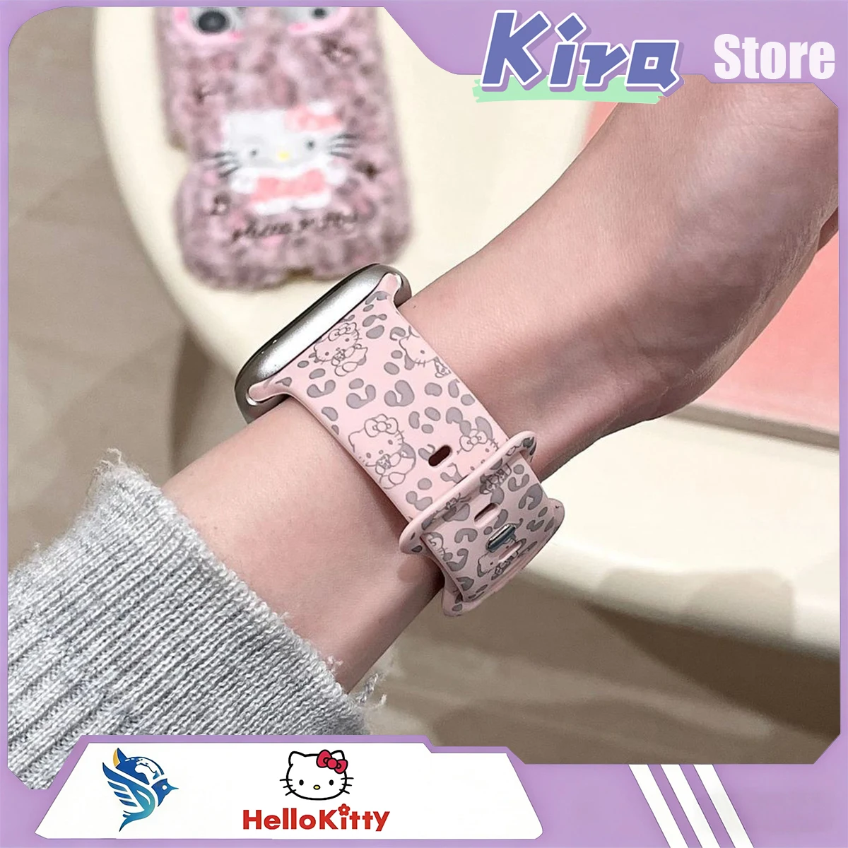 Correa de reloj con estampado de leopardo HELLO KITTY, dibujos animados Kawaii aplicables a Apple Watch S11 Iwatchs9876s, funda protectora de silicona Ultra