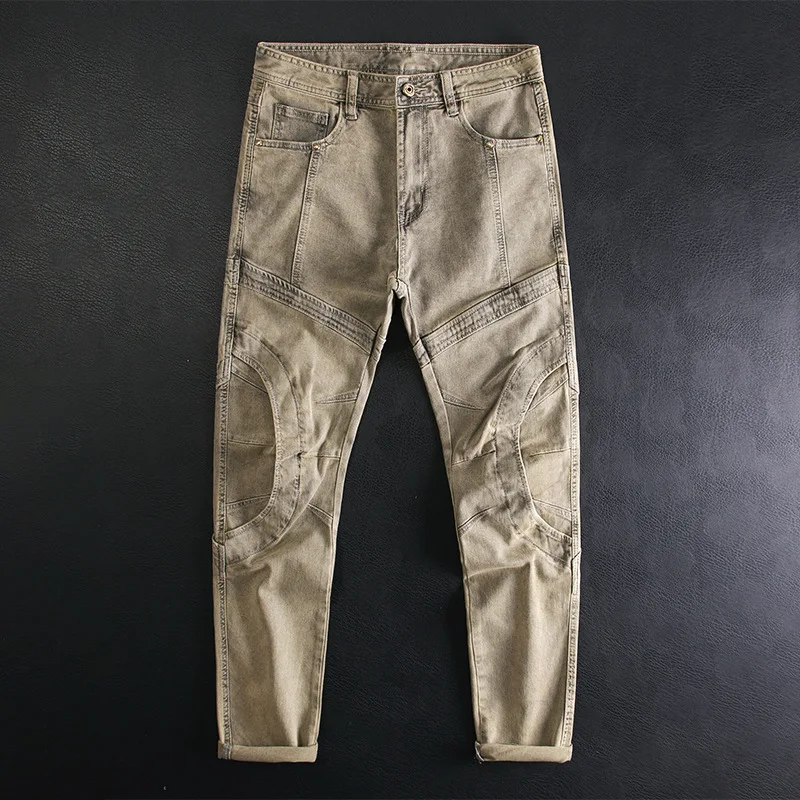 

American retro motorcycle yellow mud color patchwork jeans for men, elastic slim fit small foot high-end pants