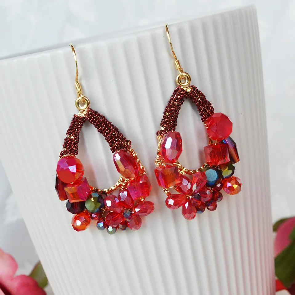 Rice bead earrings Water drop Originality Hand knitting Alloy Graph Bohemia Crystal Fashion Simple Beaded earrings