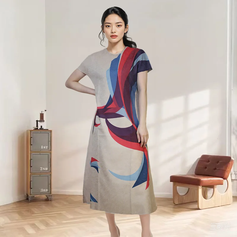 

Miyake Handmade Messy Pleated Print Short-sleeved Dress Women 2025 Summer New Loose Thin Mid-length Skirt Women Clothing