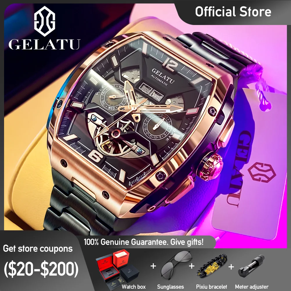 GELATU 6013 Brand Men Automatic Mechanical Watch Unique 50m Waterproof Week Date Multifunctional Dial 316L Steel Watch